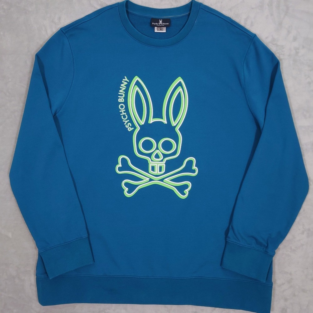 PSYCHO BUNNY Sweatshirt Men 2XLT Gresham Embroidered Neon Bunny Aegean Teal BLUE